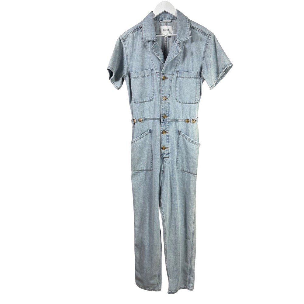 Pistola Denim Grover Jumpsuit Light Wash Blue Short Sleeve Boiler Suit Size M